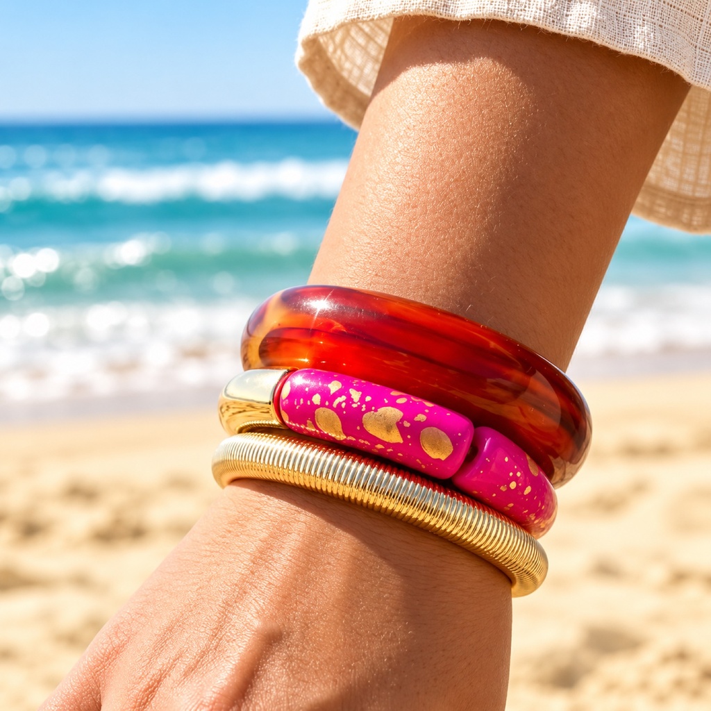 Bracelet Stack: Amber, Speckled Fuchsia & Gold Coil