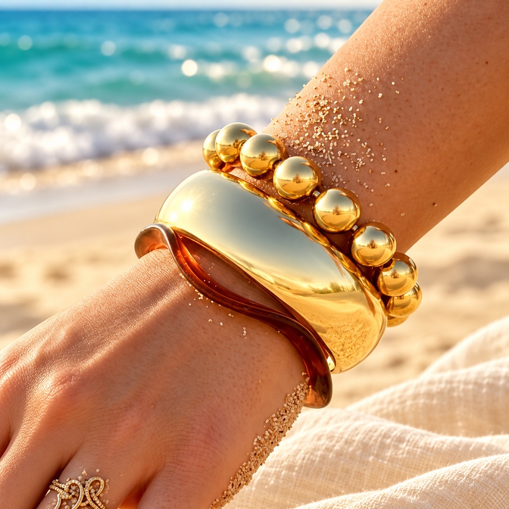 Bracelet Stack: Gold Ball, Wide Cuff & Bronze Wave