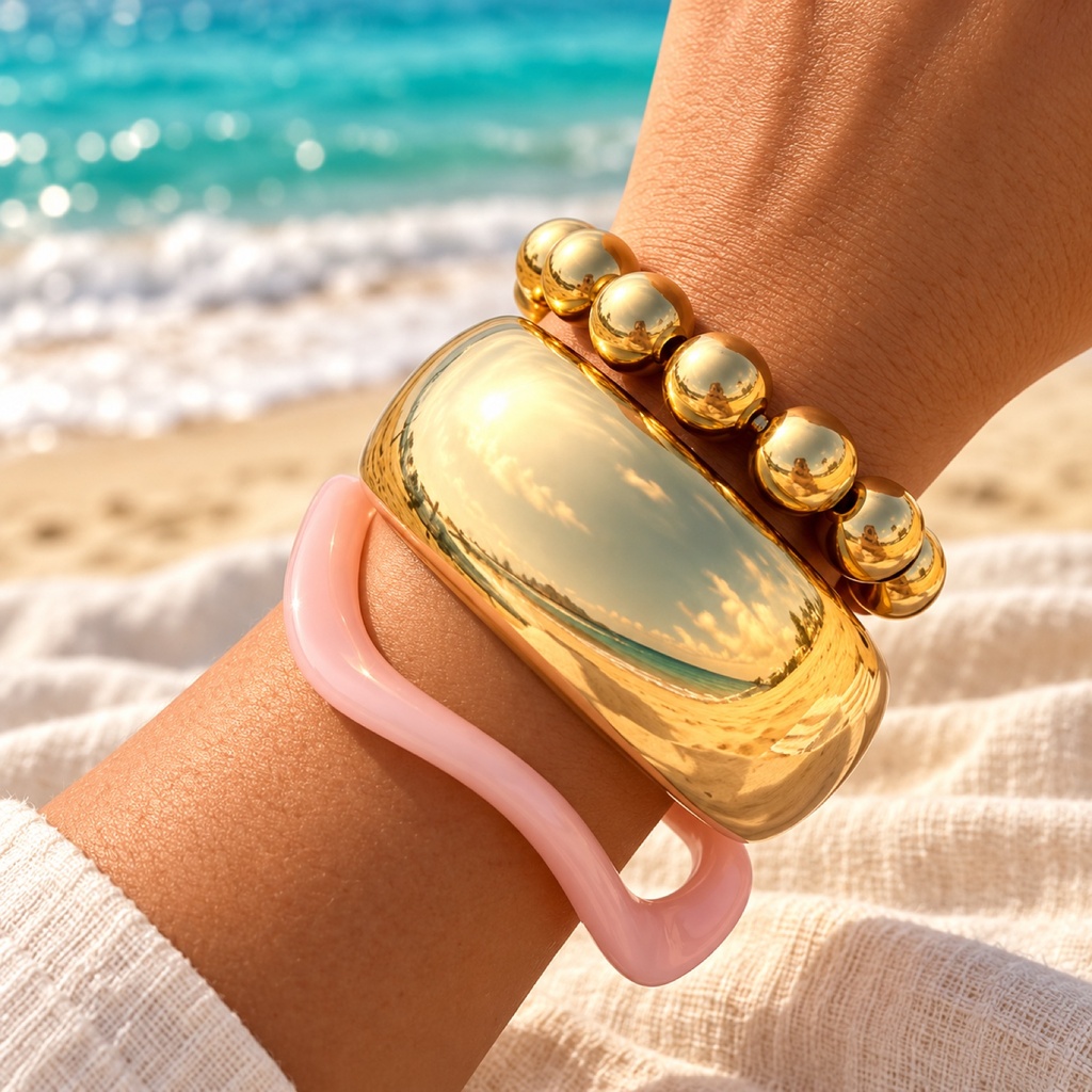 طقم أساور كور ذهبي وكف عريض ووردي متموّج (Bracelet Stack: Gold Ball, Wide Cuff & Pink Wave)