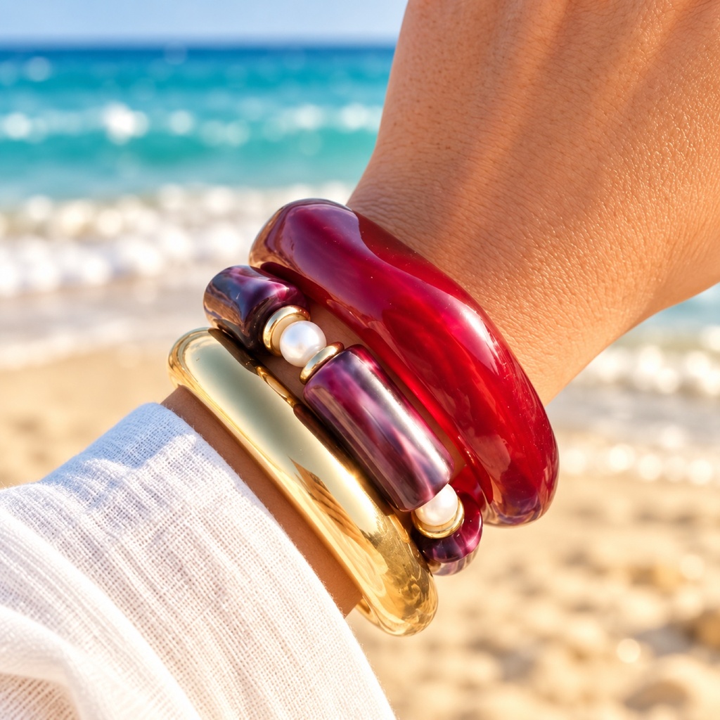 Bracelet Stack: Burgundy & Gold with Pearl-Look Beads
