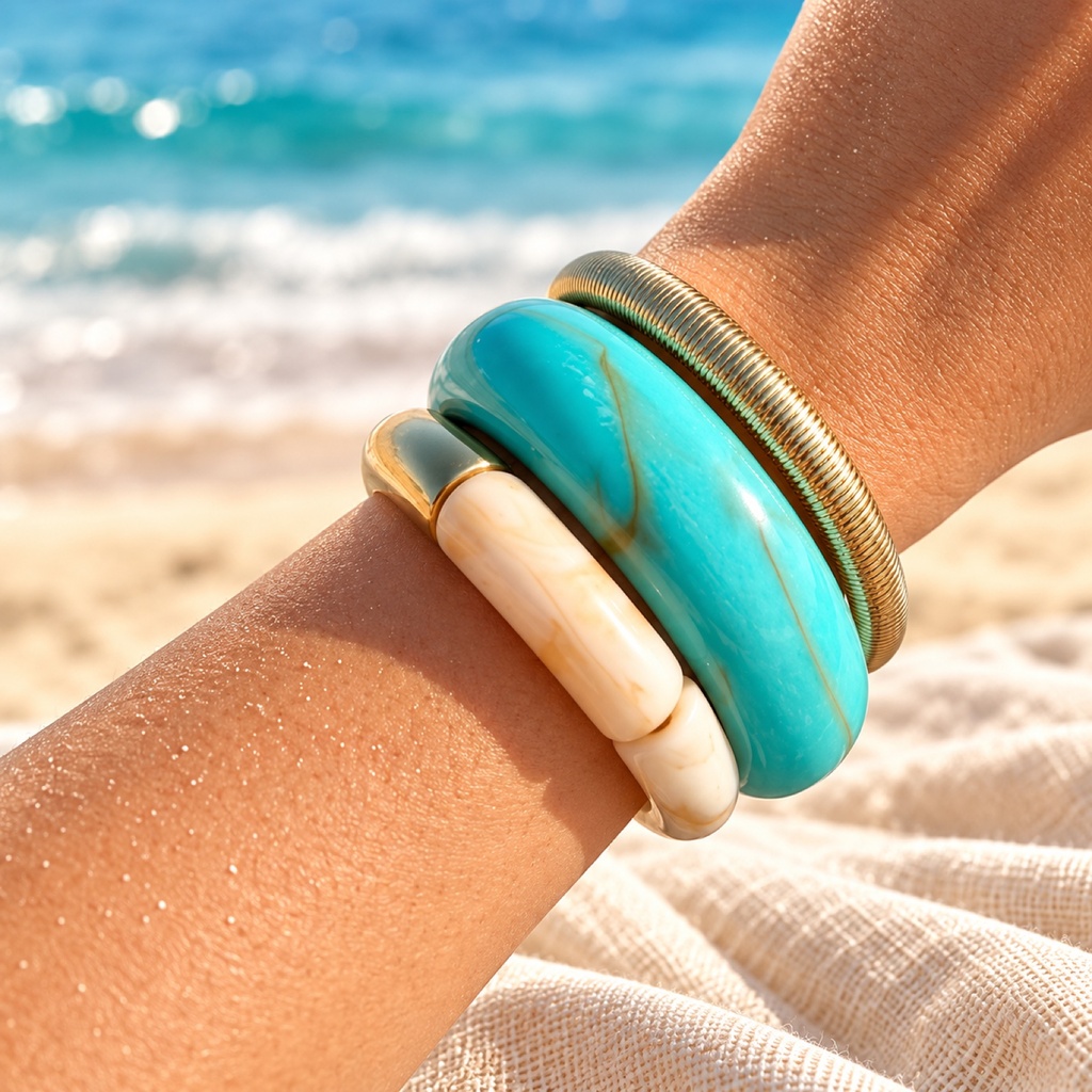 Bracelet Stack: Turquoise, Cream & Gold Coil