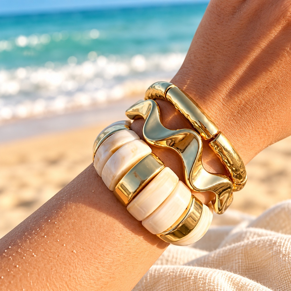 طقم أساور عاجي مع غويشة متموّجة ذهبي (Bracelet Stack: Ivory Segmented with Wavy Gold Cuff)
