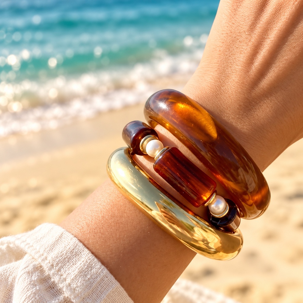 Bracelet Stack: Tortoise-Amber & Gold with Pearl-Look Beads