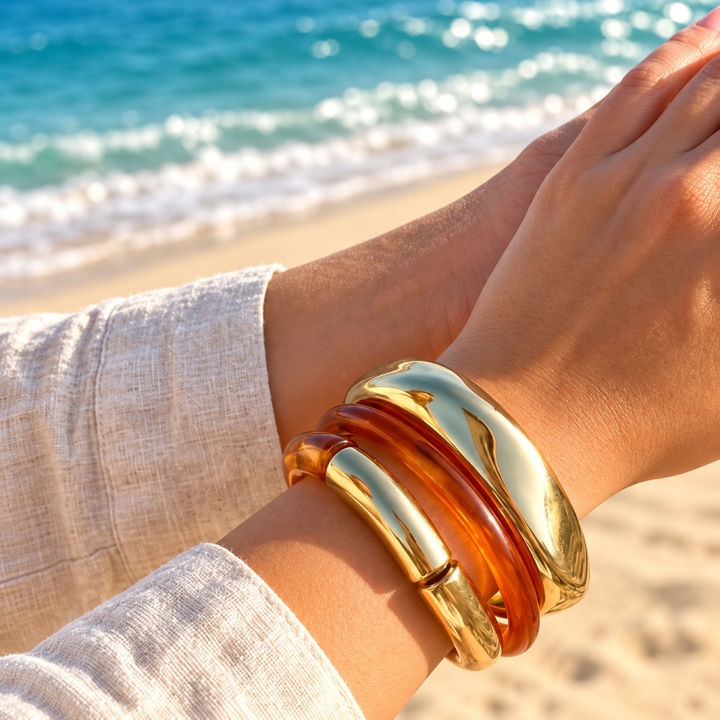 طقم أساور ذهبي متموّج وعسلي (Bracelet Stack: Gold Wave Cuff & Amber)