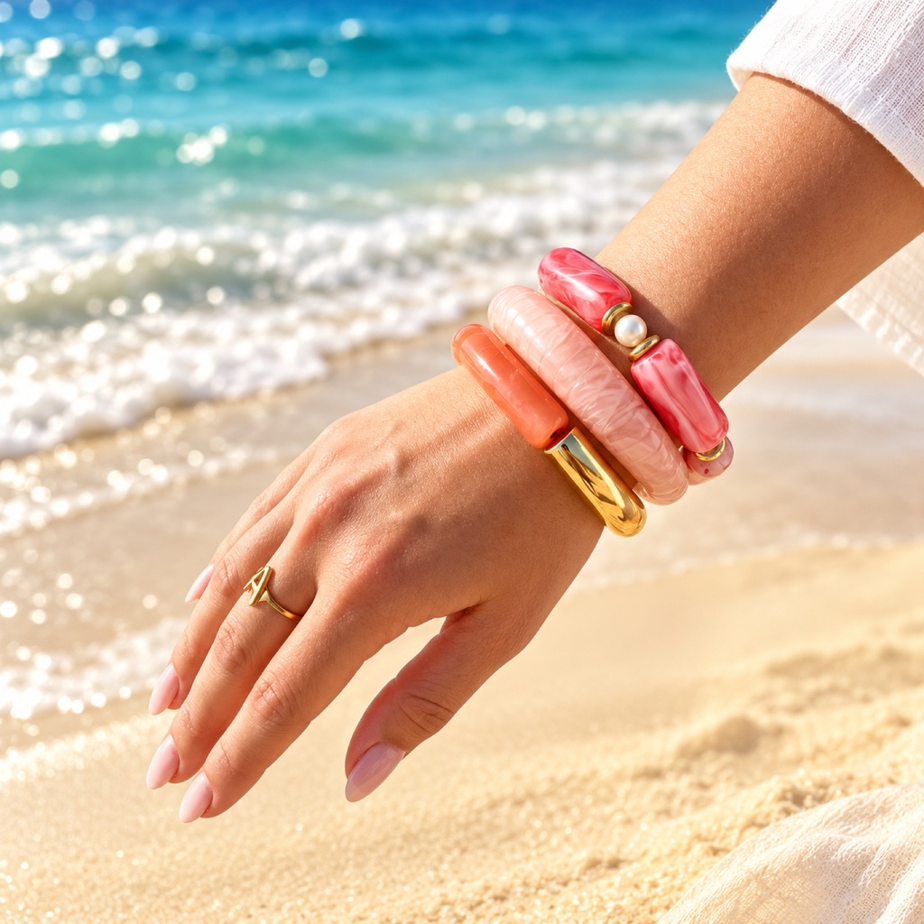 طقم أساور مرجاني ووردي بحبة لؤلؤ (Bracelet Stack: Coral & Pink with Pearl-Look Bead)