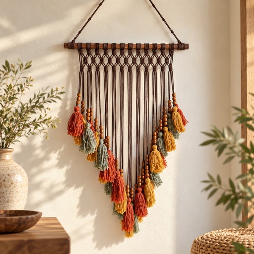 Brown Macrame Wall Hanging with Orange, Green & Mustard Tassels