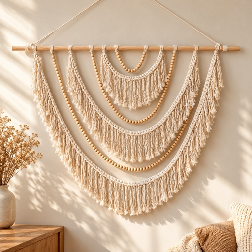 تعليقة حيطة كريمي كبيرة ٣ طبقات بخرز خشب (Large 3-Tier Cream Fringe Wall Hanging with Wooden Beads)
