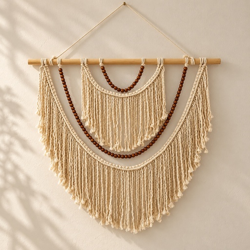 تعليقة حيطة كريمي طبقتين بخرز بني غامق (2-Tier Cream Fringe Wall Hanging with Dark Wood Beads)