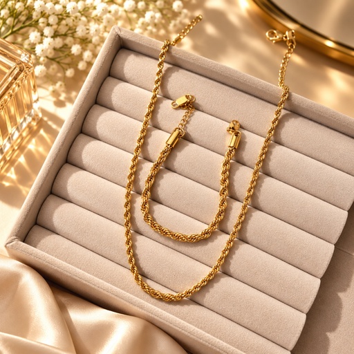طقم سلسلة وإسورة حبل ذهبي اللون (Gold-Tone Rope Chain Necklace & Bracelet Set)