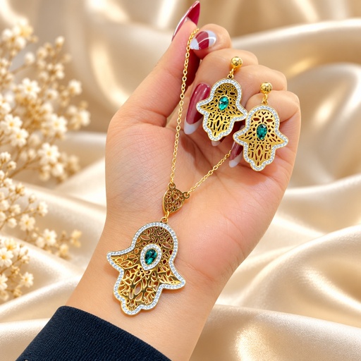 طقم خمسة (كف) مخرّم بفص أخضر: سلسلة وحلق (Filigree Hamsa Set with Green Stone: Necklace & Earrings)