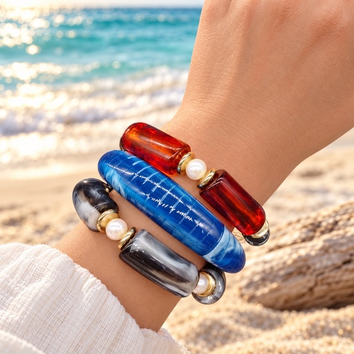 طقم أساور أحمر وأزرق ورمادي بحبات لؤلؤ (Bracelet Stack: Red, Blue & Grey with Pearl-Look Beads)