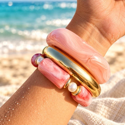 طقم أساور وردي مجزّع وذهبي بحبات لؤلؤ (Bracelet Stack: Pink Marbled & Gold with Pearl-Look Beads)