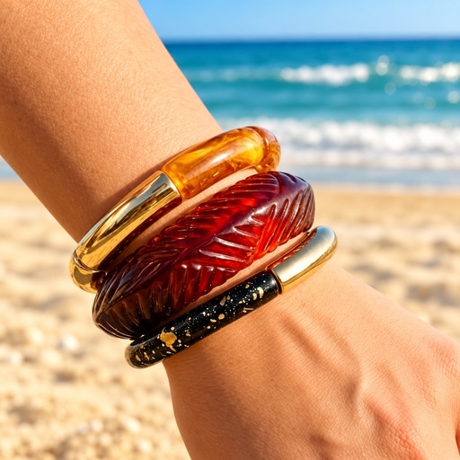 Bracelet Stack: Amber, Carved Red & Speckled Black