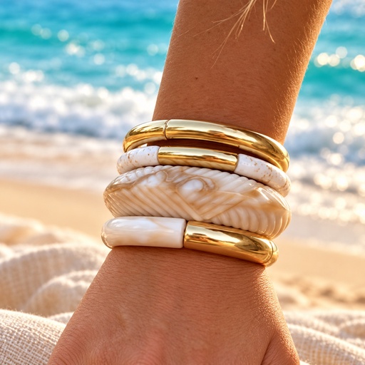 طقم أساور أبيض وصدفي وذهبي (٤ قطع) (Bracelet Stack: White, Shell-Texture & Gold (4 Pieces))
