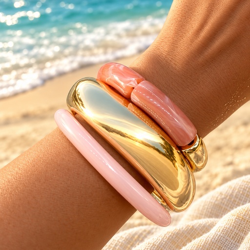 طقم أساور وردي وكف ذهبي وخوخي (Bracelet Stack: Pink, Gold Cuff & Peach Marbled)